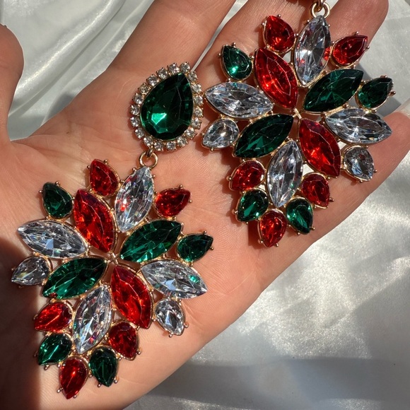 New year Christmas holiday party red green white crystal Crystal Drop Earrings - Picture 6 of 6